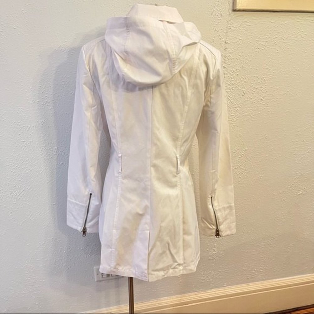 Black Rivet White Long Trench Coat with Removable Hood Large - Picture 4 of 10
